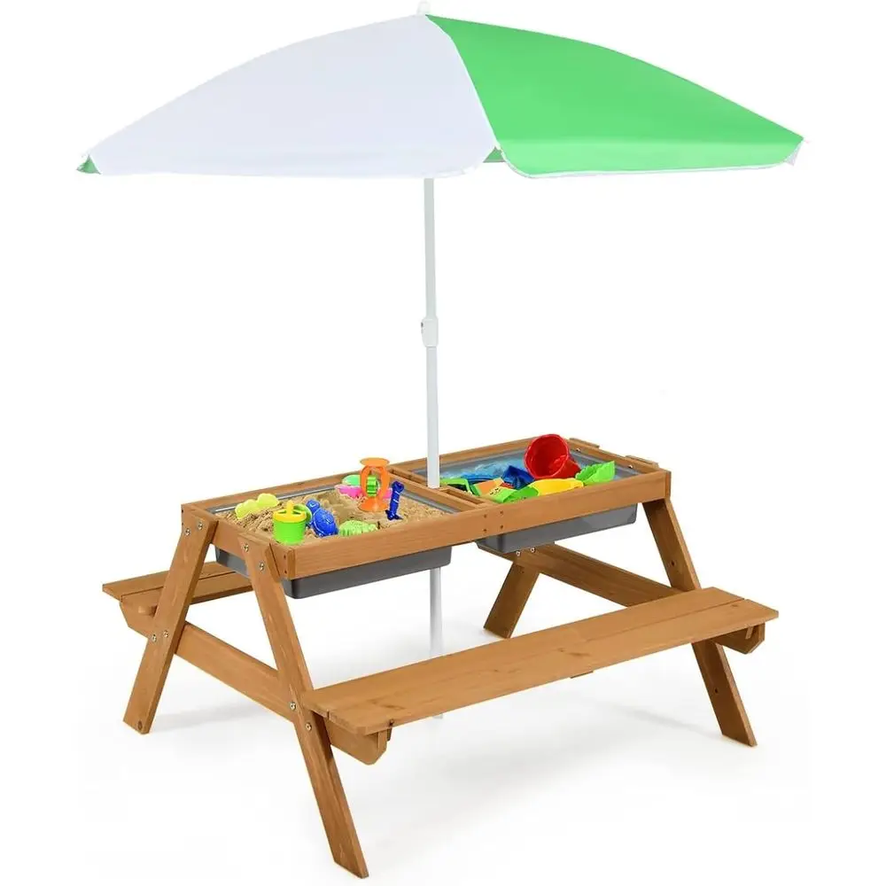 Kids Outdoor Table With Umbrella - Meja Piknik Kayu 4-in-1 untuk Pasir