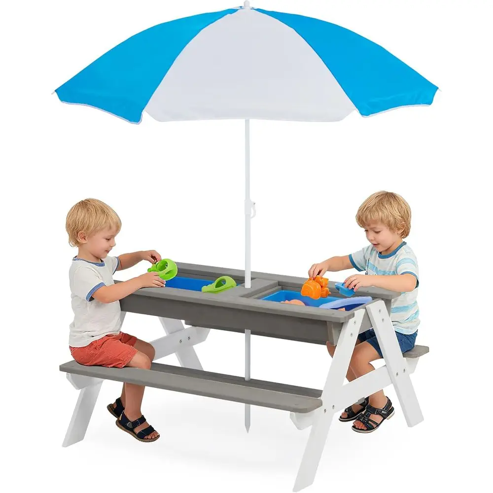 Kids Outdoor Table With Umbrella - Meja Piknik Kayu 3-in-1 yang Dapat