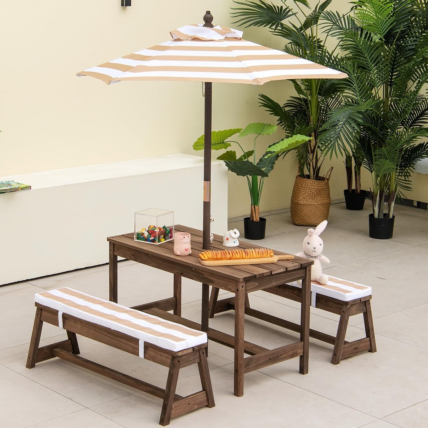 Kids Outdoor Table With Umbrella - Meja Piknik Kayu untuk Balita, Set