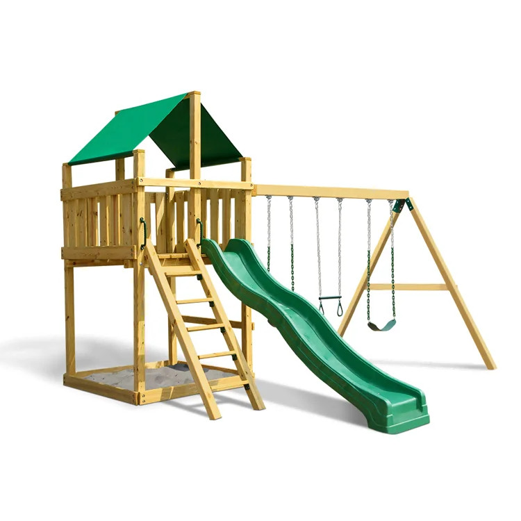 Kids Outdoor Swing Set With Slide - Perosotan dan ayunan kayu kecil untuk