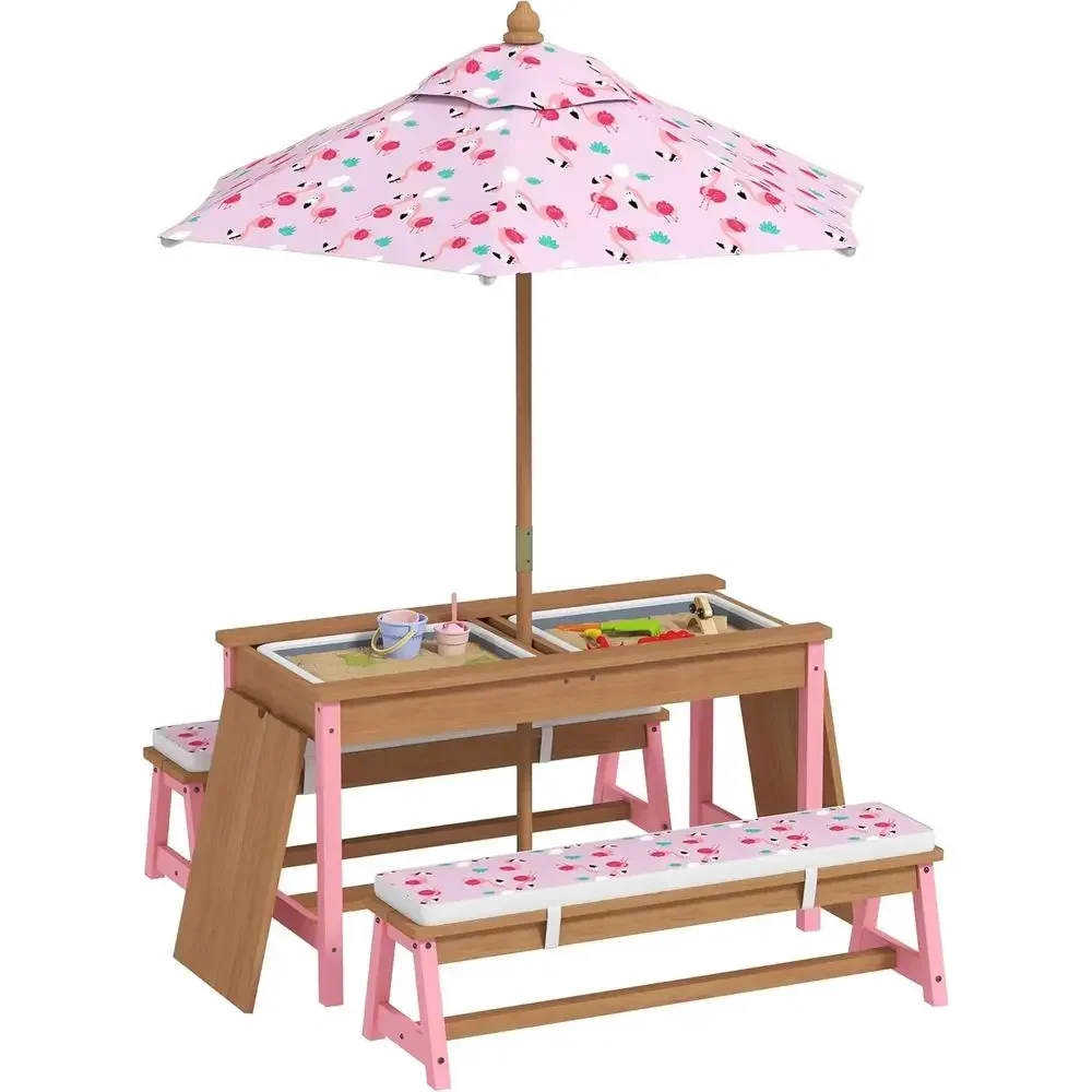 Kids Outdoor Table With Umbrella - Set Meja Piknik Kayu dengan Payung,