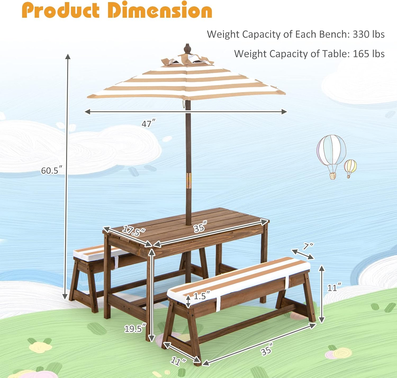 Meja Piknik Kayu untuk Balita, - Kids Outdoor Table With Umbrella ulasan dan harga