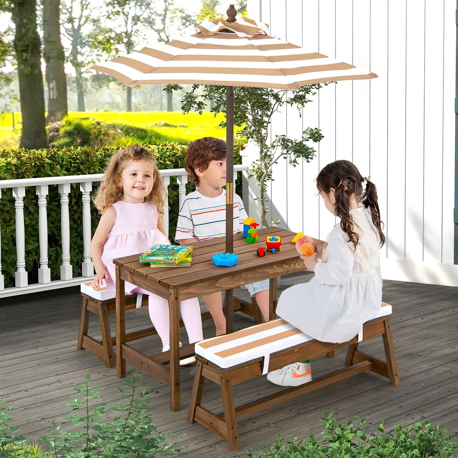 Meja Piknik Kayu untuk Balita, - Kids Outdoor Table With Umbrella ulasan dan harga