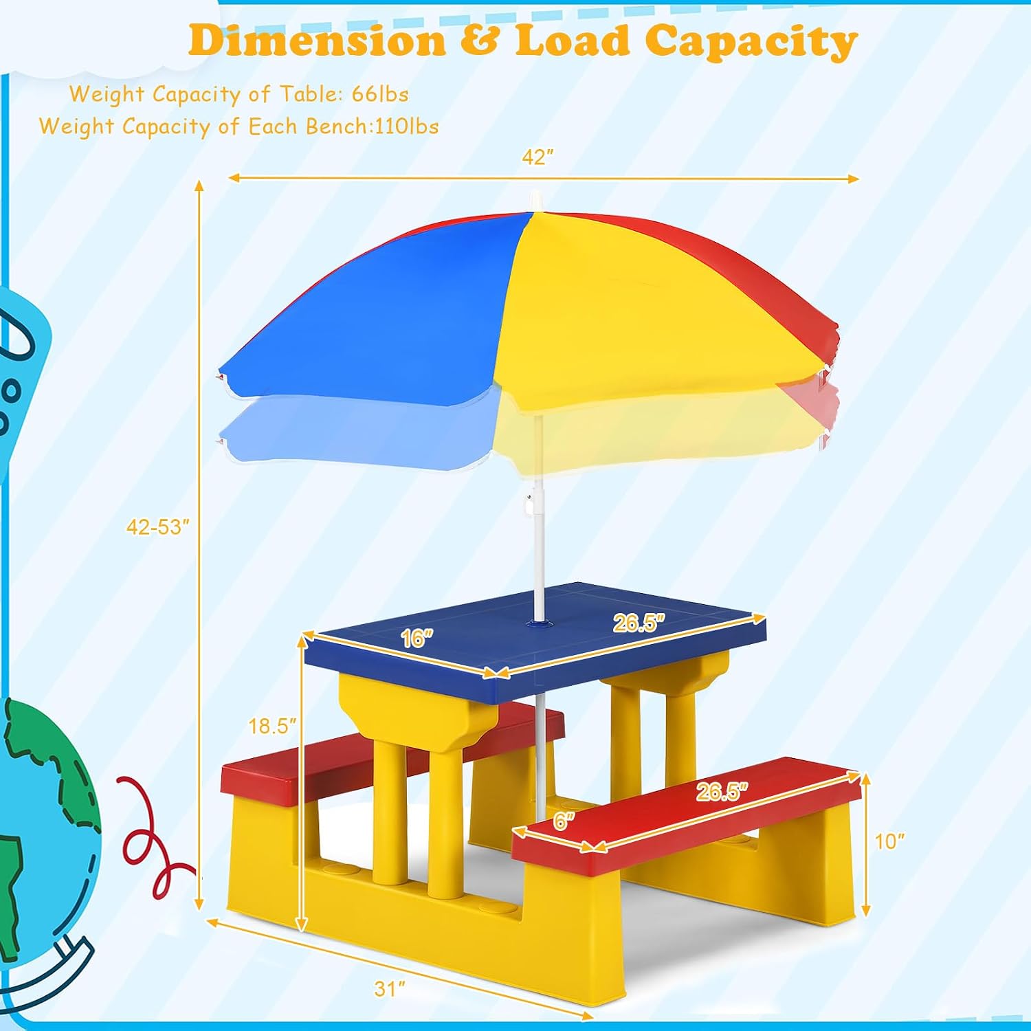 Meja Piknik Anak ARMILE, Set M - Kids Outdoor Table With Umbrella ulasan dan harga