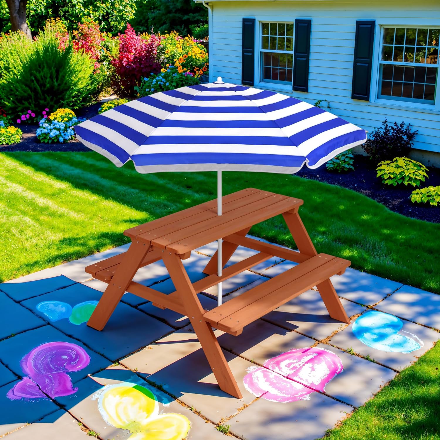 Meja Piknik Anak dari Kayu den - Kids Outdoor Table With Umbrella ulasan dan harga